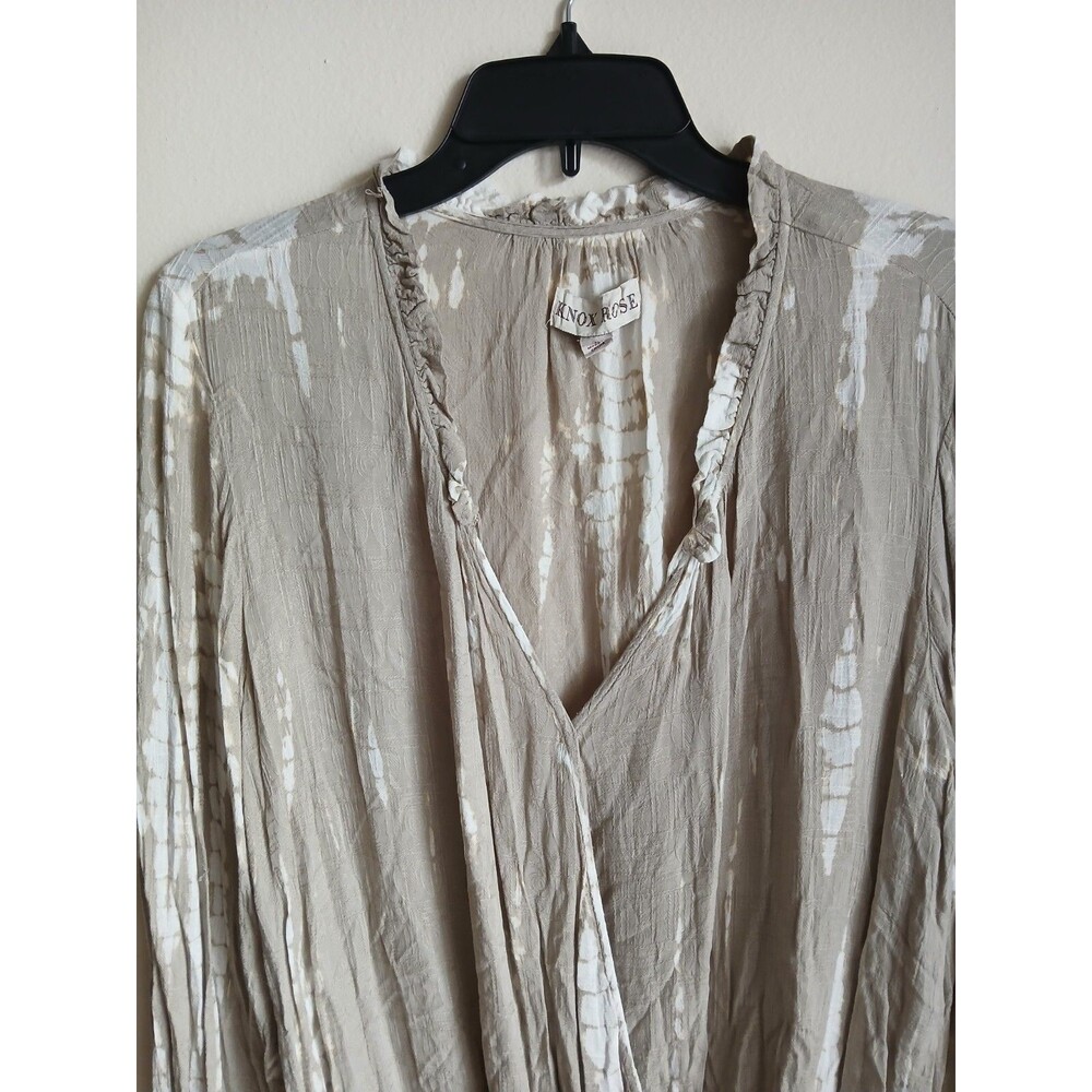 Knox Rose Top Womens Large Gray White Tie Dye Mock Wrap Tie Neck Boho Blouse